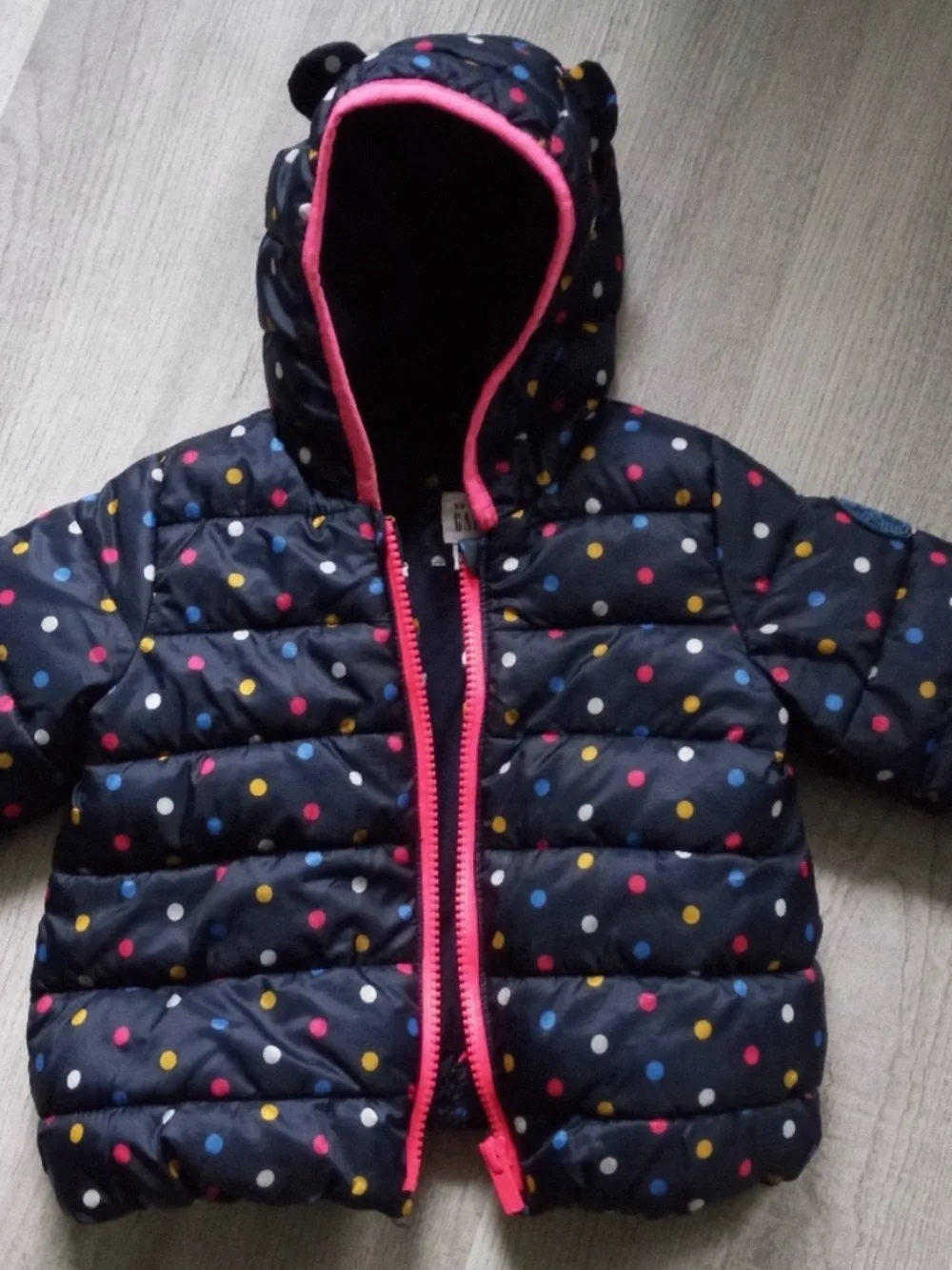 GAP Navy Puffer Jacket with Multicolor Polka Dots and Pink Trim